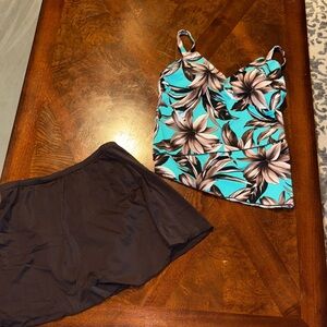 Floral Tankini Top and Brown Swim Skirt